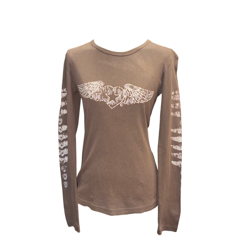 Sledge USA Graphic Long Sleeve Women Large Brown Good Winged Heart Star Y2K